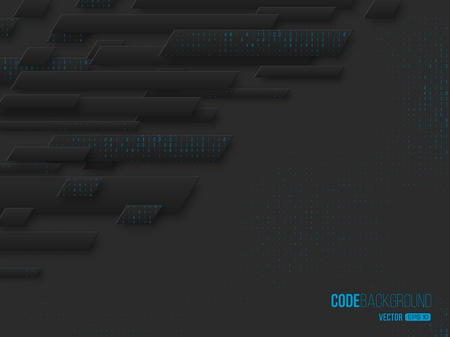 Binary code digital technology concept. Abstract 3d geometric shapes with zero one matrix, black with blue colors. Vector dynamic composition.のイラスト素材