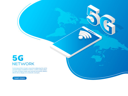 5G Network technology mobile internet concept. Isometric 3d smartphone with wireless sign and 5G symbol, world map background. Vector banner or landing page.のイラスト素材