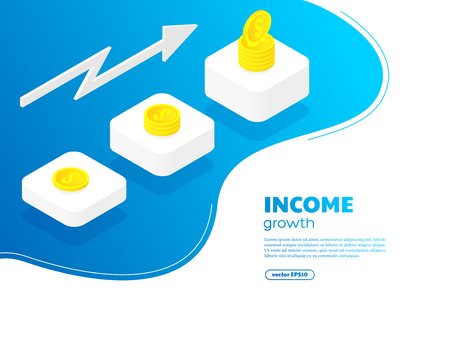 Money growth concept with golden coins. Strategy of profit or savings income. Vector 3d isometric style web banner or landing page.のイラスト素材