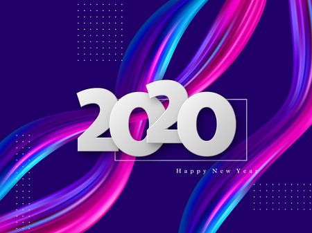 2020 New Year sign on trendy abstract wave liquid background. 3d fluid shapes composition, color...