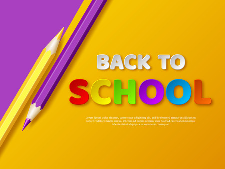 Back to school typography design with realistic colorful pencil. Paper cut style letters on yellow background. Vector illustration.のイラスト素材