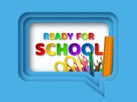 Ready to school typography design with realistic school supplies. Paper cut speech bubble with letters on checkered background. 3d layered art. Vector illustration.のイラスト素材