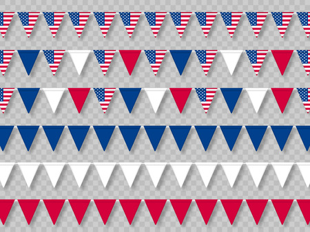 Set of USA bunting flags in traditional colors. Decorative realistic elements for national American holidays. Isolated on transparent background. Vector illustration.のイラスト素材