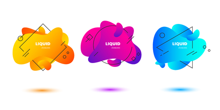 Set of abstract badges. Flowing liquid shapes with fluid gradient color and geometric elements. Isolated on white. Vector trendy design.のイラスト素材
