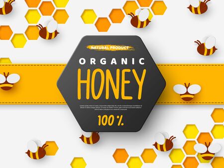 Paper cut style bee with honeycomb. Typographic design for beekeeping and honey product. Orange background, vector illustration.のイラスト素材