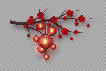 3d cherry branch with red flowers and hanging lanterns. Decorative blossom elements for Chinese New Year, festivals or holiday background. Isolated on transparent.のイラスト素材