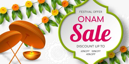 Onam sale promotion banner decorated floral wreath with umbrella. South India Kerala traditional festival discount offer. Vector illustration.のイラスト素材