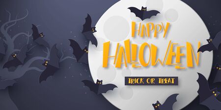 Halloween holiday poster. 3d paper cut style flying bats with full moon and hand drawn greeting...