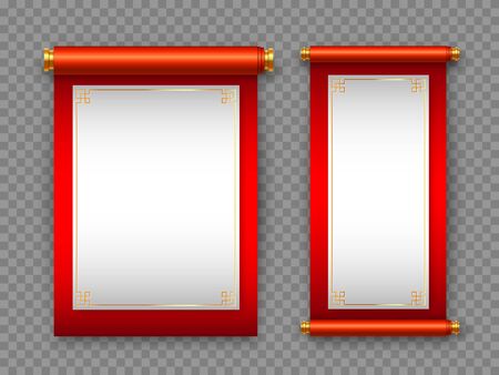 Chinese scrolls in traditional style on transparent background. Decorative elements for Chinese holidays with copy space. Vector illustration.のイラスト素材