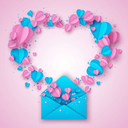 Happy Valentines day greeting card. Decorative paper cut hearts and envelope on pink background with copy space. Vector illustration.のイラスト素材