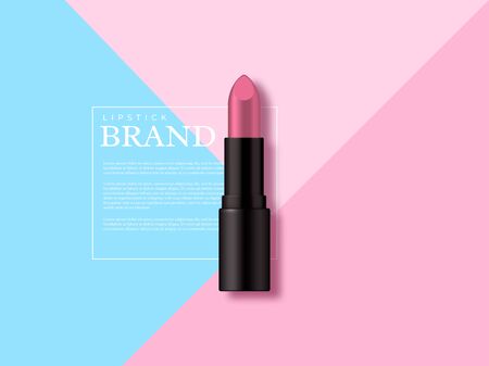 Lipstick makeup ad, cosmetics beauty product. Geometric flat lay in pastel colors, top view. Minimalist vector template for advertisement.のイラスト素材