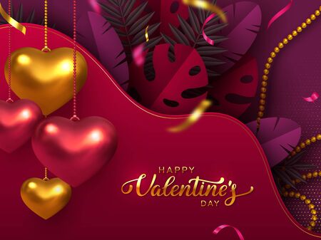 Happy Valentines Day banner. 3d metallic hanging hearts with tropical leaves, beads in golden, red, purple colors. Handwritten lettering text. Vector.のイラスト素材