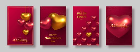 Happy Valentines Day banners or posters. 3d metallic hearts in red color with handwritten lettering text. Glitter dotted background. Vector.のイラスト素材