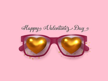 Valentines day banner. Falling in love concept with pink glasses and metallic golden hearts. Realistic design, flat pink background, handwritten lettering text. Vector.のイラスト素材