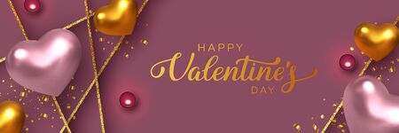 Happy Valentines Day banner. 3d metallic pink and golden hearts with confetti, candles, decorative glitter strips. Handwritten lettering text. Vector.のイラスト素材