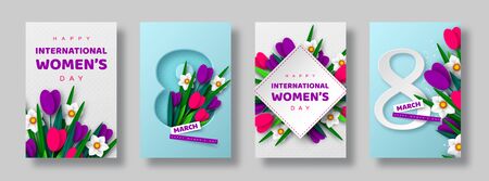 8 March greeting cards for International Womens Day. 3d paper cut number 8 with bouquet of spring flowers tulip and narcissus, turquoise background. Vector illustration.のイラスト素材