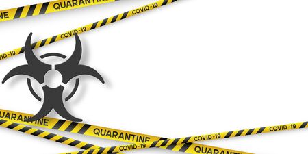 Warning coronavirus quarantine banner with yellow and black stripes and 3d infection symbol. Virus Covid-19. White background with copy space. Quarantine biohazard sign. Vector.のイラスト素材