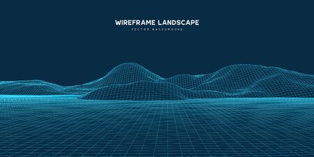 Digital wareframe landscape background. 3d futuristic technology vector illustration.のイラスト素材