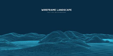 Digital wareframe landscape background. 3d futuristic technology vector illustration.のイラスト素材