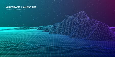 Digital ware frame landscape background with stars on horizon. Abstract cosmic landscape. Big data. 3d futuristic technology vector illustration.のイラスト素材