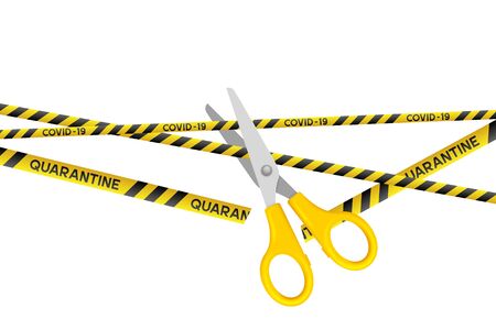 End of coronavirus quarantine concept. Yellow stripes are cutting by scissors. Back to normal life. Vector illustration.のイラスト素材