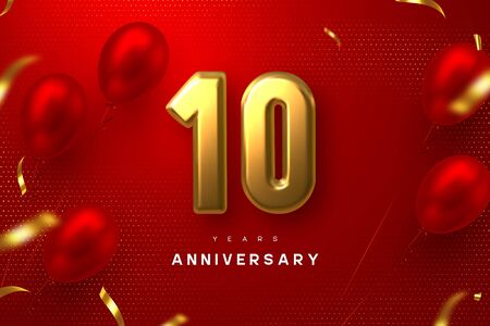 10 years anniversary celebration banner. 3d golden metallic number 10 and glossy balloons with confetti on red spotted background. Vector realistic template.のイラスト素材