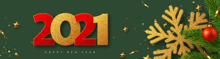2021 Happy New Year banner. Glitter golden snowflake with tinsel, pine branches, red bauble and...