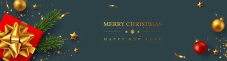 Christmas horizontal banner with realistic red gift box, baubles, pine branches and gold tinsel. New Year vector illustration.のイラスト素材