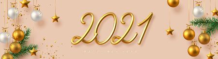 2021 Happy New Year banner. Hand writing golden metallic numbers 2021 with tinsel, pine branches and...