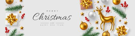 Christmas horizontal banner with realistic gift box, baubles, pine branches, holly berries and gold decorative deer. White background. New Year vector illustration.のイラスト素材