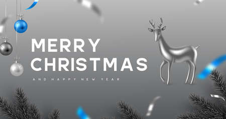 Christmas banner with hanging balls, pine branches and decorative deer. Monochrome grey colors with blue contrast. New Year vector illustration.のイラスト素材