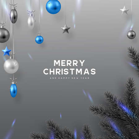 Christmas banner with hanging balls, pine branches and glowing lights. Monochrome grey colors with blue contrast. New Year vector illustration.のイラスト素材
