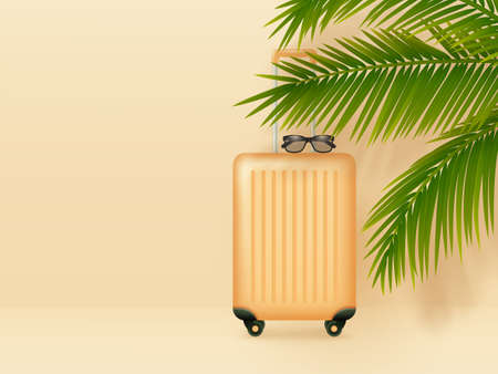 Suitcase with sunglasses and palm leaves on pastel orange background. Summer holidays, vacation and travel minimal concept. Copy space. Vector.のイラスト素材