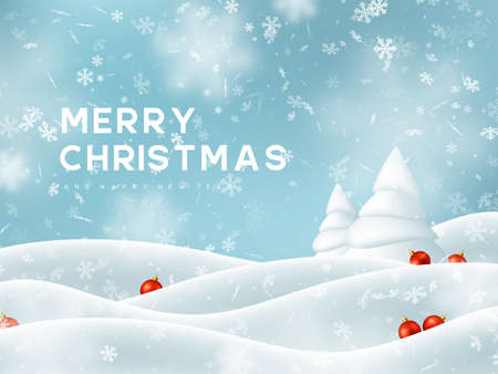 Merry Christmas and Happy New Year. Falling snowflakes with snowdrifts, fir tree and decorative red balls. Winter snowy background. Vector illustration.のイラスト素材