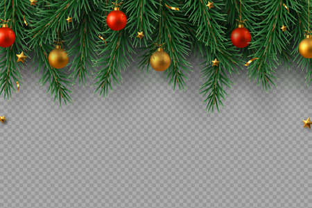 Christmas decoration with fir tree branches, hanging balls and gold stars. Decorative design elements for New Year holidays. Isolated on transparent background. Vector illustration.のイラスト素材