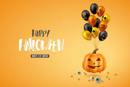 Happy Halloween horizontal banner. Glossy balloons with monster faces, pumpkin, eyes and candies. Handwritten lettering, orange background. Vector illustration.のイラスト素材
