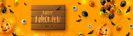 Happy Halloween horizontal banner. Glossy balloons with monster faces, pumpkins, flying bats and eyes. Handwritten lettering on wooden plank, orange background. Vector illustration.のイラスト素材