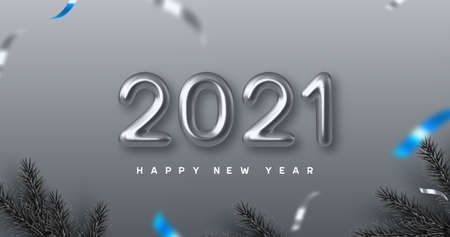2021 Happy New Year banner. Hand writing 3d metallic numbers 2021 with pine branches. Monochrome background with blue contrast. Vector illustration.のイラスト素材