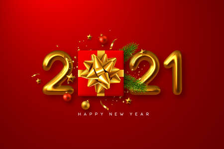 2021 Happy New Year. Realistic gift box with decorative elements and 3d metallic numbers on red background. Vector illustration.のイラスト素材