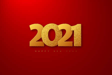 2021 New Year sign. 3d golden glitter numbers on red background. Vector illustration.