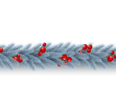Christmas horizontal garland with realistic fir-tree branches and berries. Decorative design element for holiday posters, flyers, banners. Isolated on white background. Vector illustration.のイラスト素材