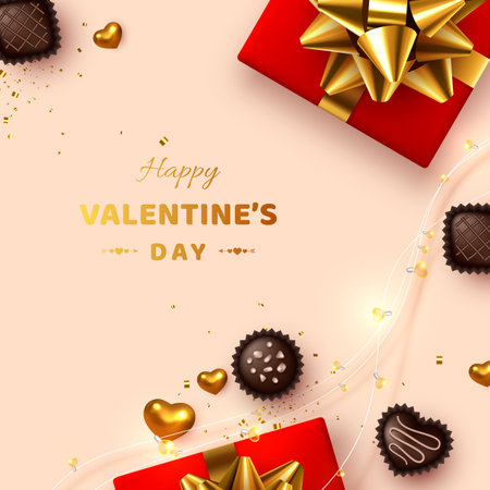 Happy Valentines day greeting card. 3d realistic gift box, metal hearts, sweets and lights garland. Beige background, love concept. Vector.のイラスト素材