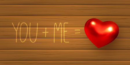 Valentines day concept. Equation with handwritten lettering and red metallic glossy heart. Doodle sign, wooden background. Vector.のイラスト素材
