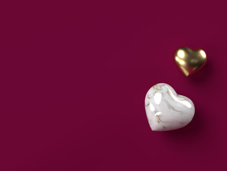 Marble texture and golden metal hearts 3d rendering composition. Love concept with copy space for Valentines day or wedding.の写真素材