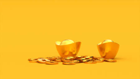 Falling Chinese lucky golden 3d coins on the ingots. Yellow color background. Happy Chinese New Year. 3d rendering illustration.の写真素材