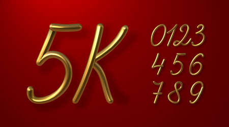 Set of 3d golden numbers and letter K. Vector handwritten sign for network, social media followers,...