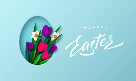 Happy Easter background with paper cut egg and spring flowers tulip and narcissus, hand written lettering. Turquoise floral background. Vector.のイラスト素材