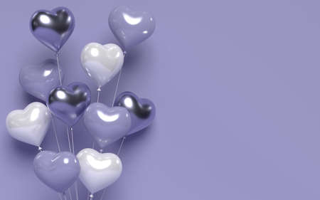 3d glossy heart balloons. Violet backgroundの写真素材