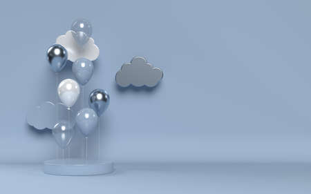 3d glossy balloons with podium and clouds.の写真素材