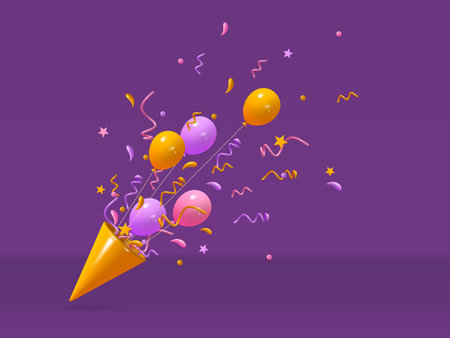 Confetti yellow party hat with balloons. Birthday, anniversary, celebration colorful serpentine explosion. 3d render realistic vector illustration.のイラスト素材